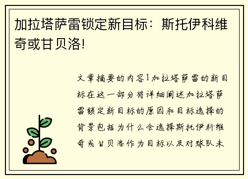 加拉塔萨雷锁定新目标：斯托伊科维奇或甘贝洛!